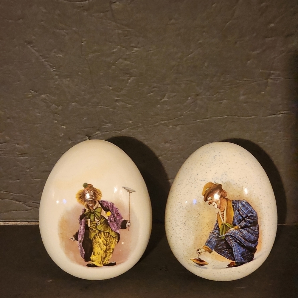 Vintage Porcelain Bisque Whimsical Clowns Collector Eggs (2)